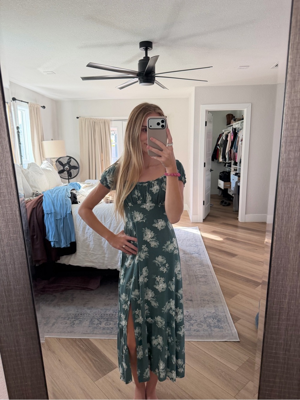 Hollister Green Floral Midi Dress with White Print